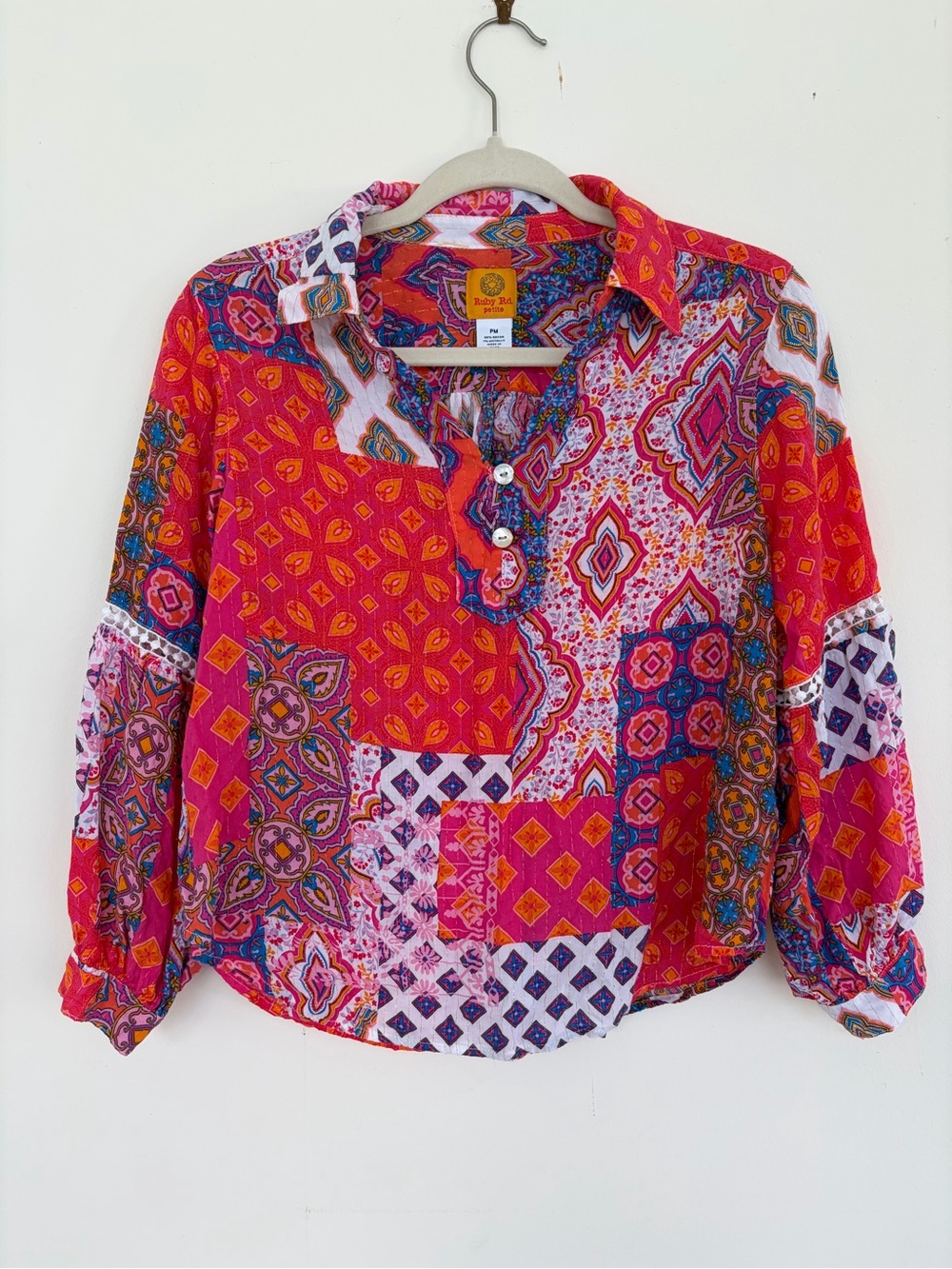 Ruby Rd. Petite Patchwork Paisley Boho Button Front Blouse Pink PM